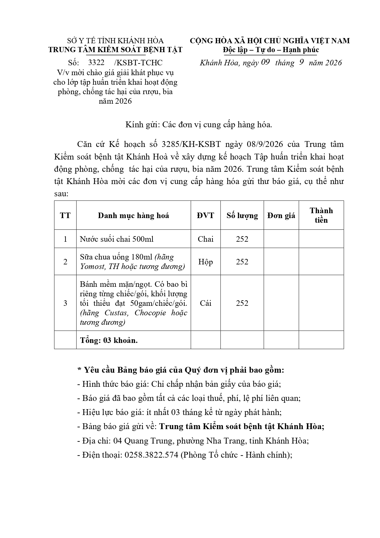 V/v mời chào giá giải khát phục vụ cho lớp tập huấn triển khai hoạt động phòng, chống tác hại của rượu, bia năm 2026